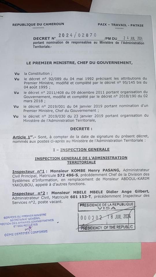 Décret N°2024/02870/PM du 24 juillet 2024 portant nomination de responsables au ministère de l’Administration territoriale