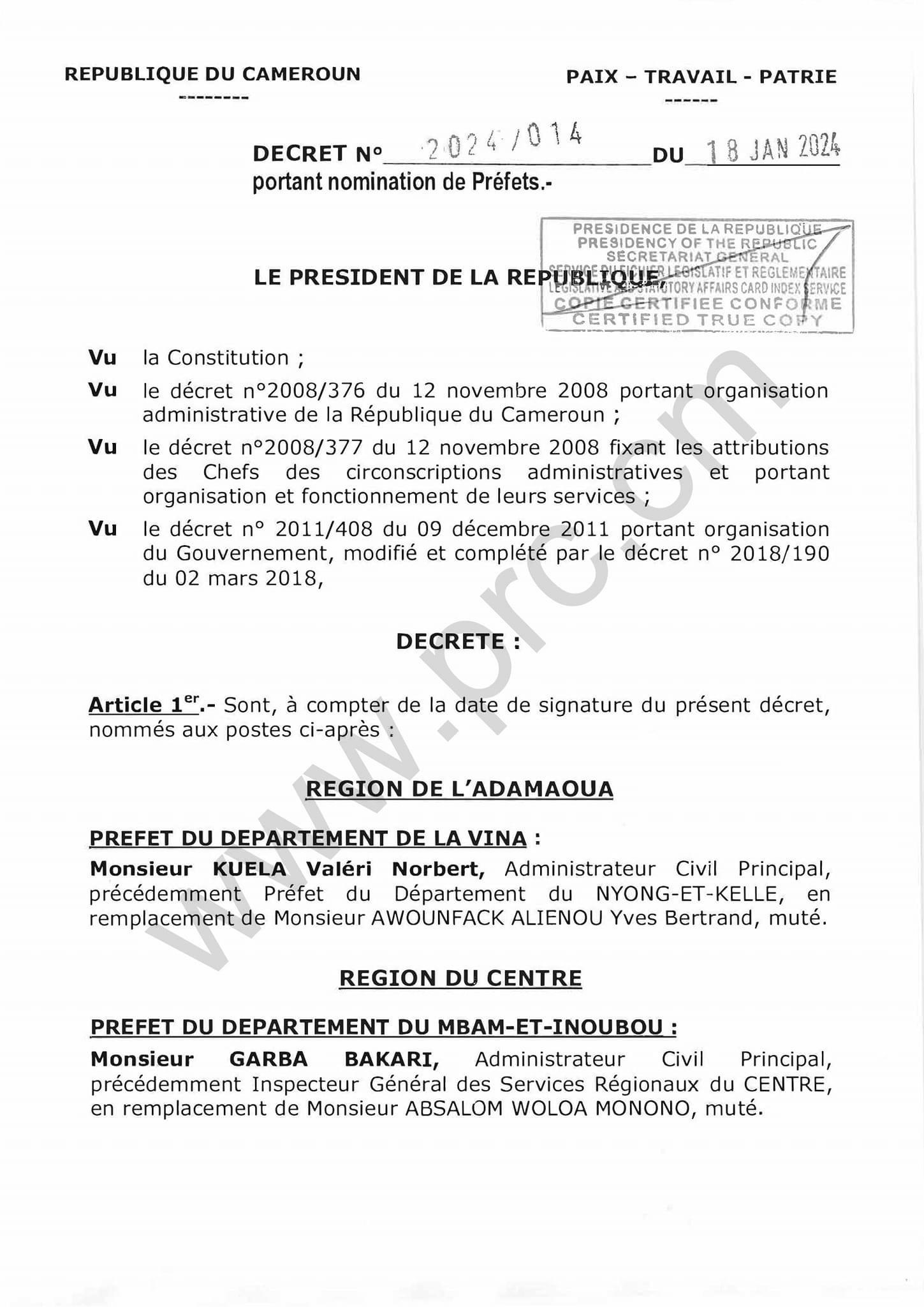 Décret N° 2024/009 du 18 Janvier 2024 portant nomination des préfets.