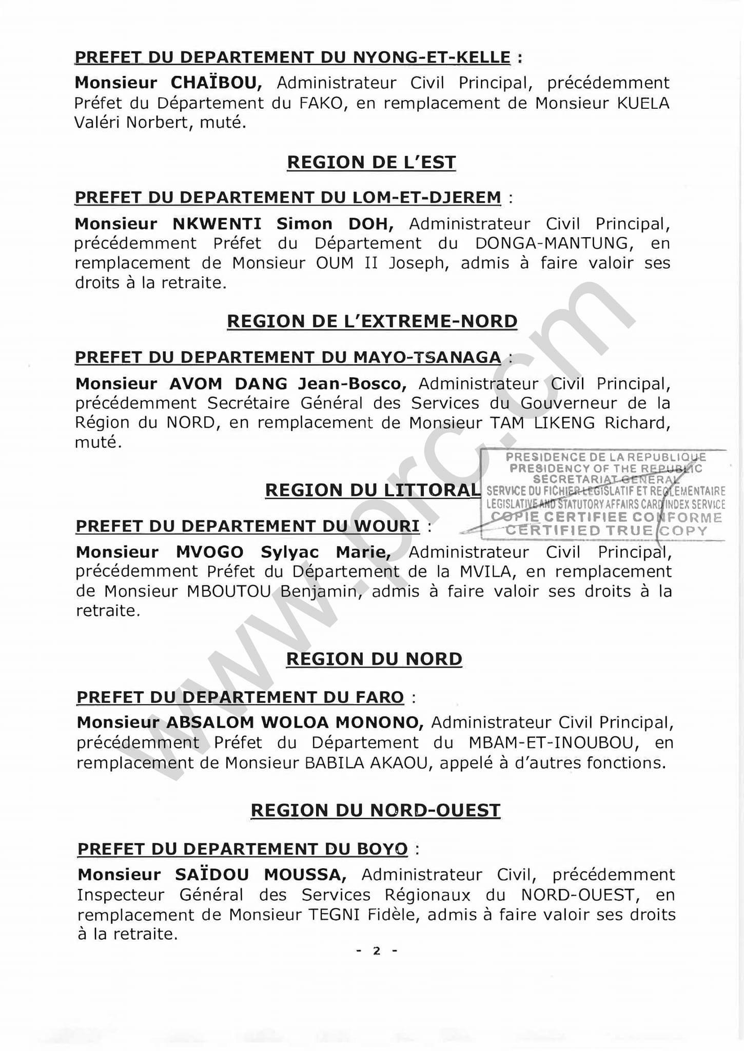 Décret N° 2024/009 du 18 Janvier 2024 portant nomination des préfets.