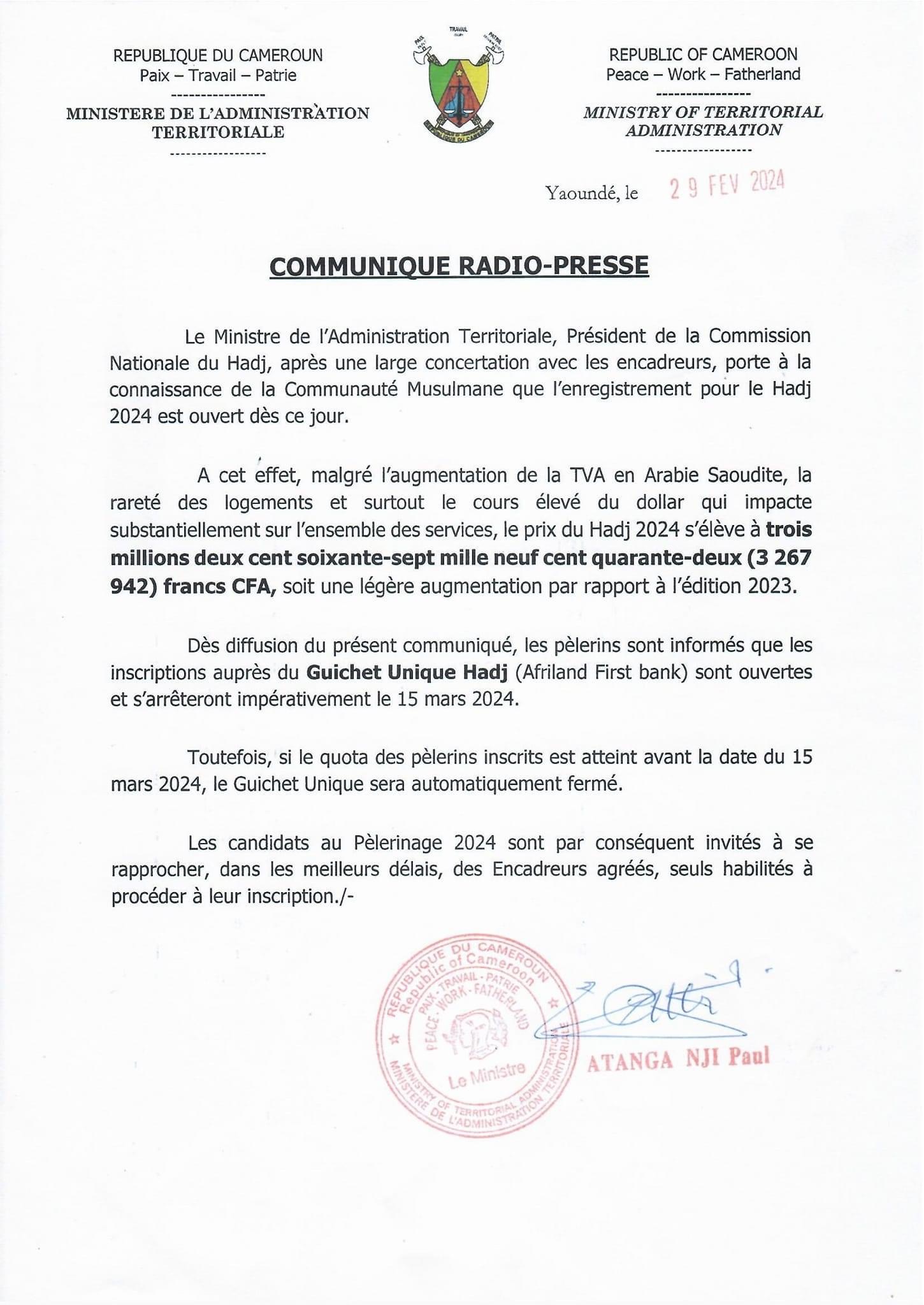 COMMUNIQUÉ RADIO-PRESSE