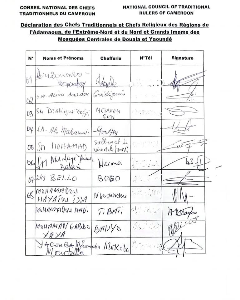 Déclaration des chefs traditionnels et chefs religieux des régions de l’Adamaoua, de l’Extrême-Nord et du Nord et des grands Imams des mosquées centrales de Douala et Yaoundé.