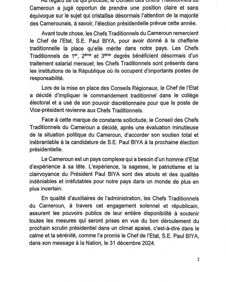 Déclaration des chefs traditionnels du Cameroun ce lundi 27 janvier 2025 à Yaoundé.