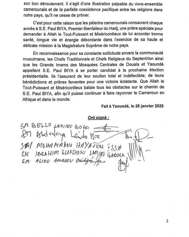 Déclaration des chefs traditionnels et chefs religieux des régions de l’Adamaoua, de l’Extrême-Nord et du Nord et des grands Imams des mosquées centrales de Douala et Yaoundé.