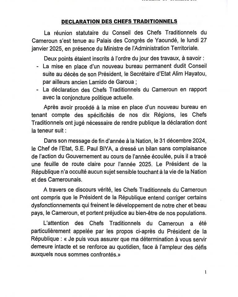 Déclaration des chefs traditionnels du Cameroun ce lundi 27 janvier 2025 à Yaoundé.