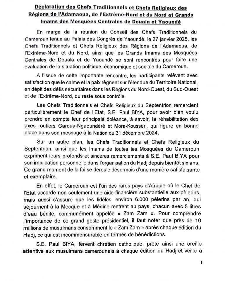 Déclaration des chefs traditionnels et chefs religieux des régions de l’Adamaoua, de l’Extrême-Nord et du Nord et des grands Imams des mosquées centrales de Douala et Yaoundé.