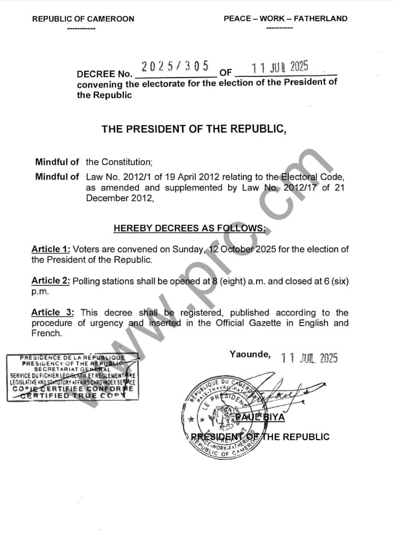 Decree convening the electorate for the election of the President of the Republic.