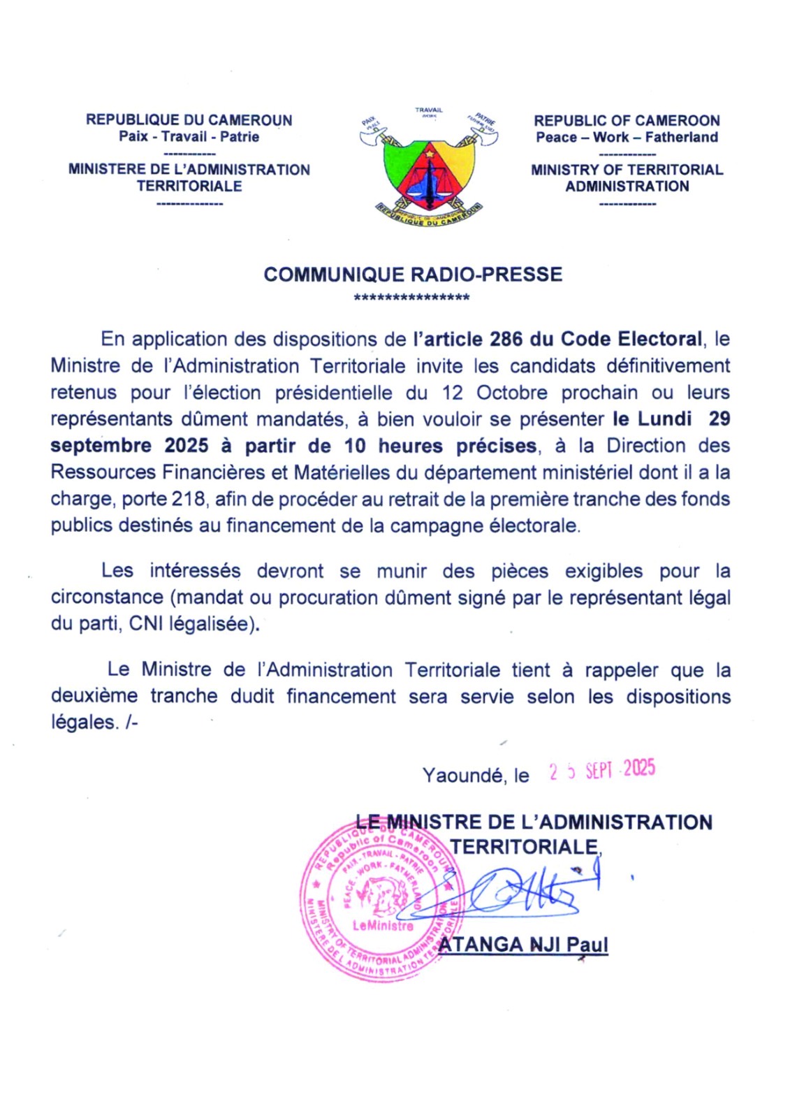 COMMUNIQUE RADIO-PRESSE