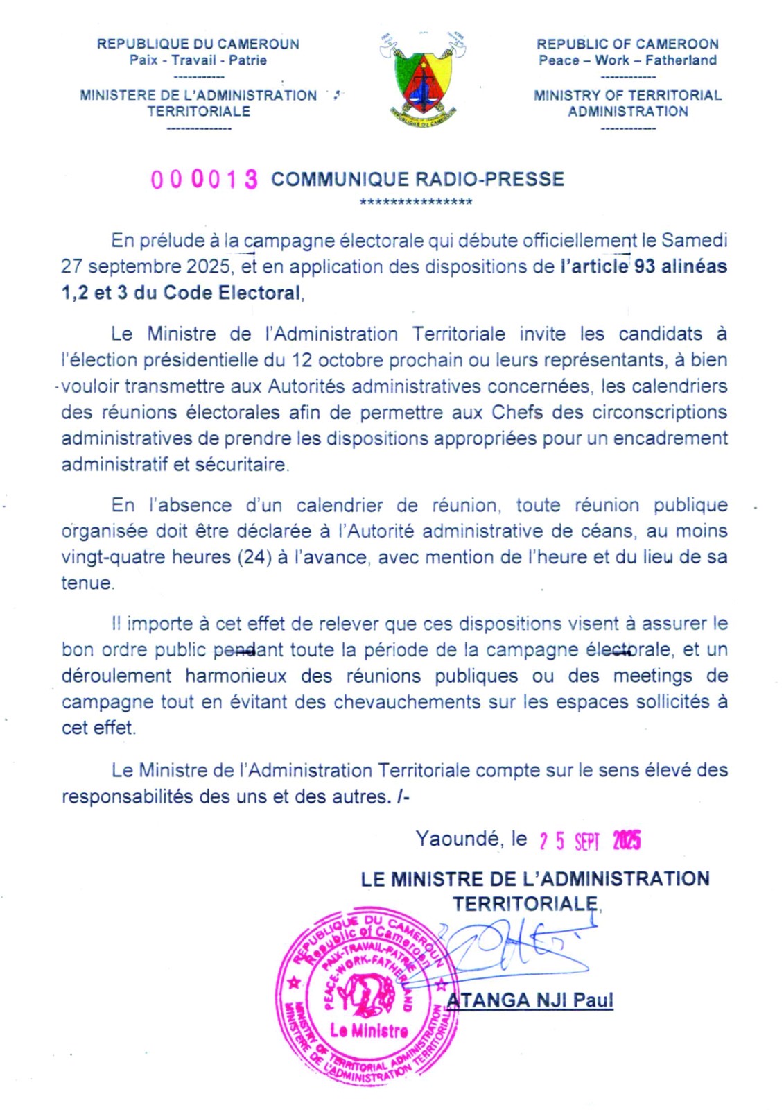 000013 COMMUNIQUE RADIO-PRESSE